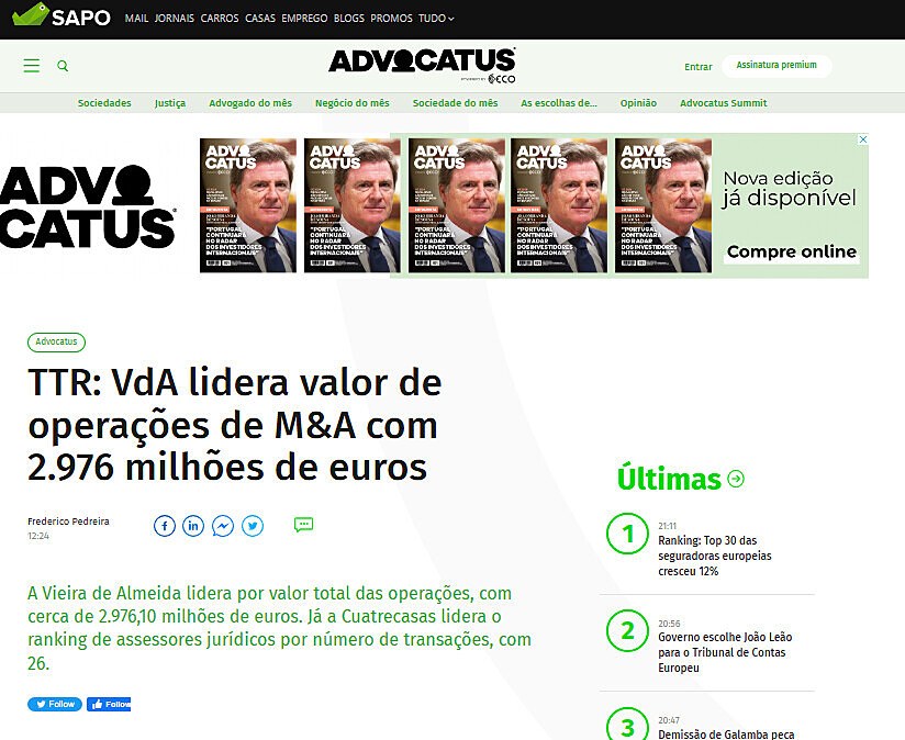 TTR: VdA lidera valor de operaes de M&A com 2.976 milhes de euros